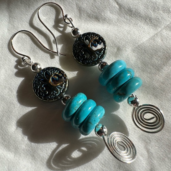 ARTISAN Tree of Life Turquoise Heishi Bead Wire Wrapped Sterling Earrings 2 1/3” - Picture 2 of 7